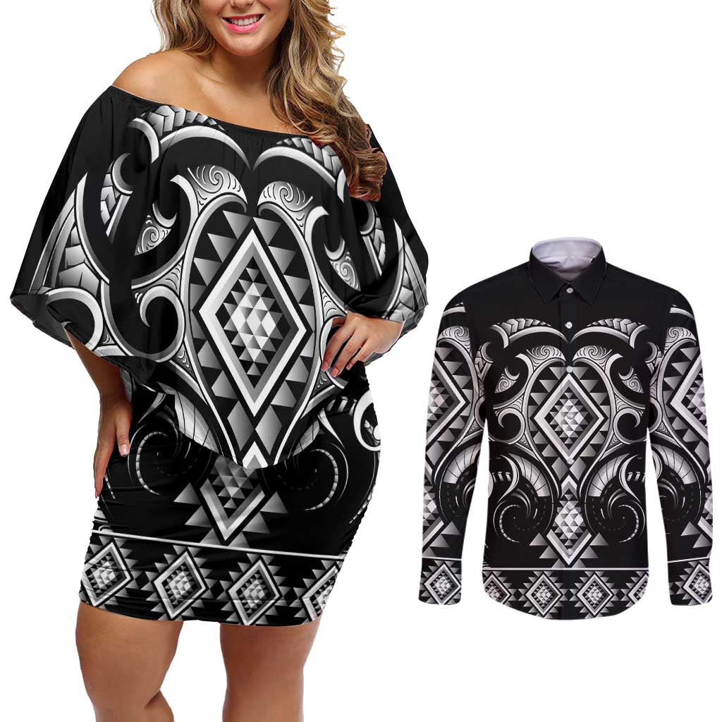 Black Ngaru Taniko With Aotearoa Maori Tattoo Couples Matching Off Shoulder Short Dress and Long Sleeve Button Shirt LT14 Black - Polynesian Pride