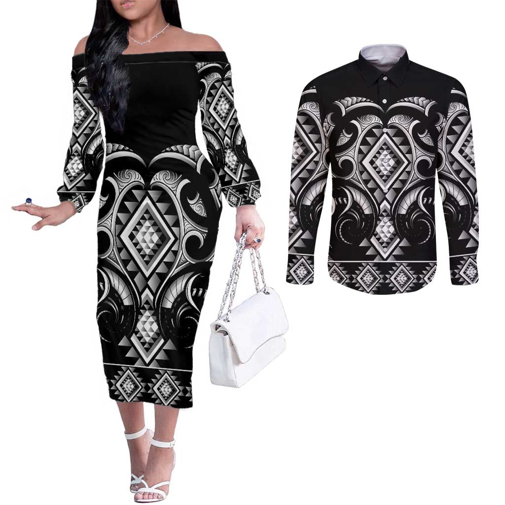 Black Ngaru Taniko With Aotearoa Maori Tattoo Couples Matching Off The Shoulder Long Sleeve Dress and Long Sleeve Button Shirt LT14 Black - Polynesian Pride