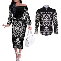 Black Ngaru Taniko With Aotearoa Maori Tattoo Couples Matching Off The Shoulder Long Sleeve Dress and Long Sleeve Button Shirt