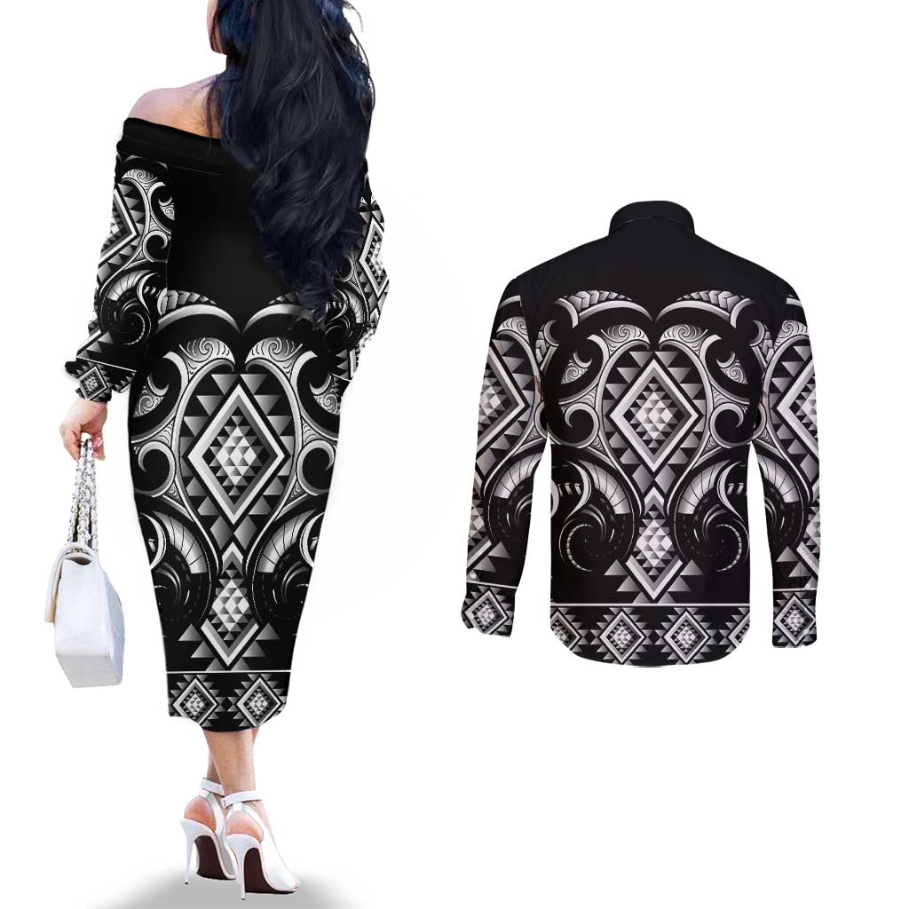 Black Ngaru Taniko With Aotearoa Maori Tattoo Couples Matching Off The Shoulder Long Sleeve Dress and Long Sleeve Button Shirt