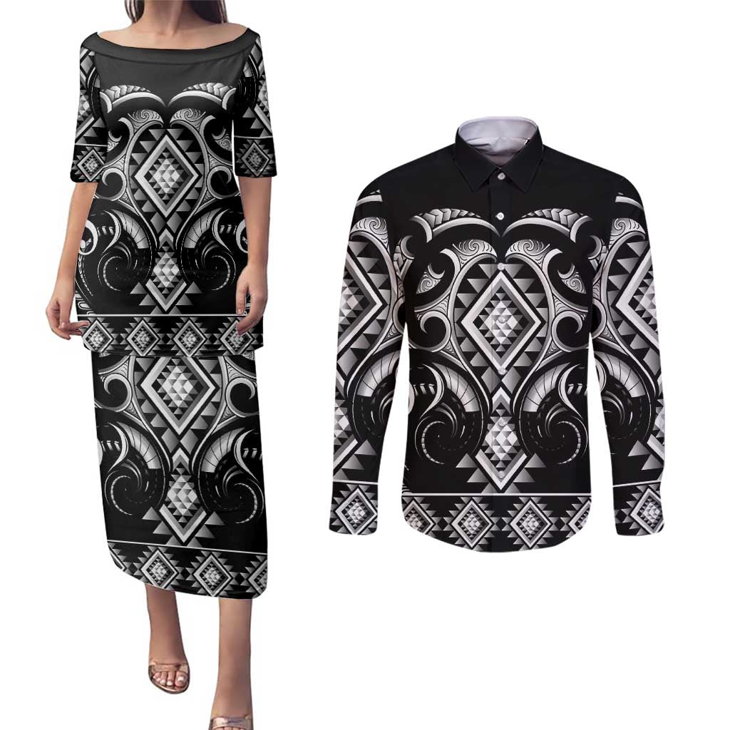 Black Ngaru Taniko With Aotearoa Maori Tattoo Couples Matching Puletasi and Long Sleeve Button Shirt LT14 Black - Polynesian Pride