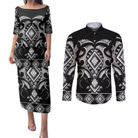 Black Ngaru Taniko With Aotearoa Maori Tattoo Couples Matching Puletasi and Long Sleeve Button Shirt LT14 Black - Polynesian Pride