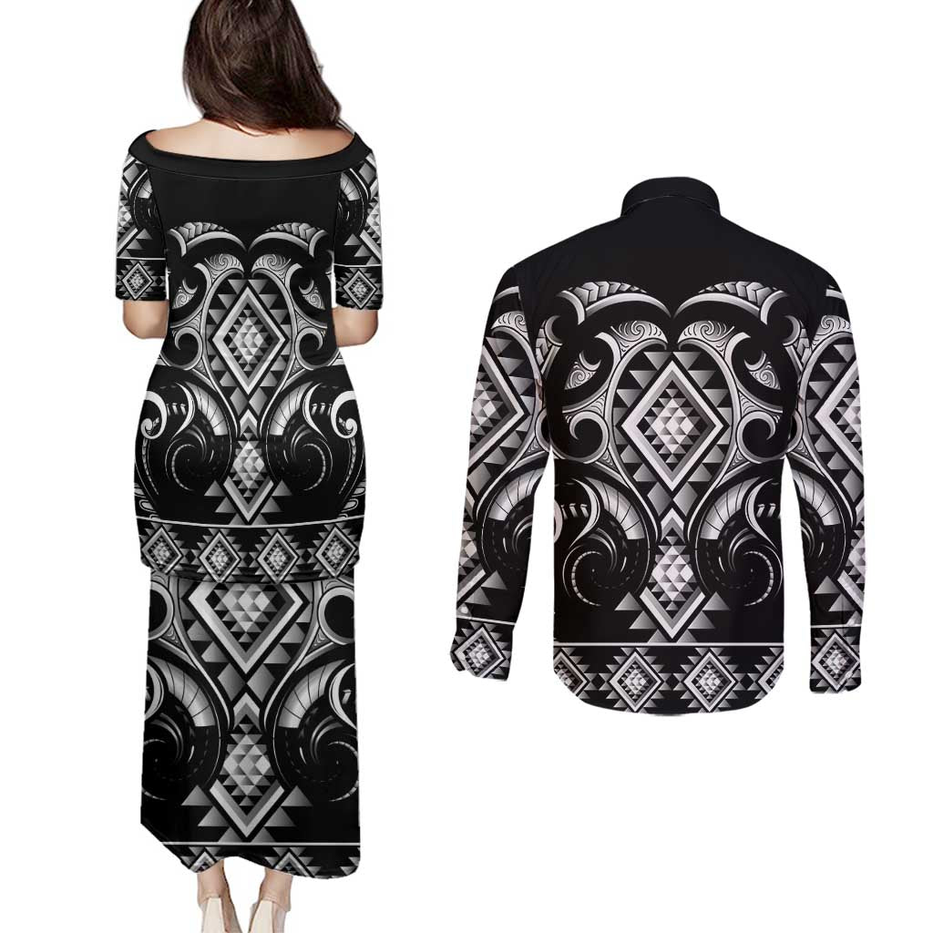 Black Ngaru Taniko With Aotearoa Maori Tattoo Couples Matching Puletasi and Long Sleeve Button Shirt LT14 - Polynesian Pride
