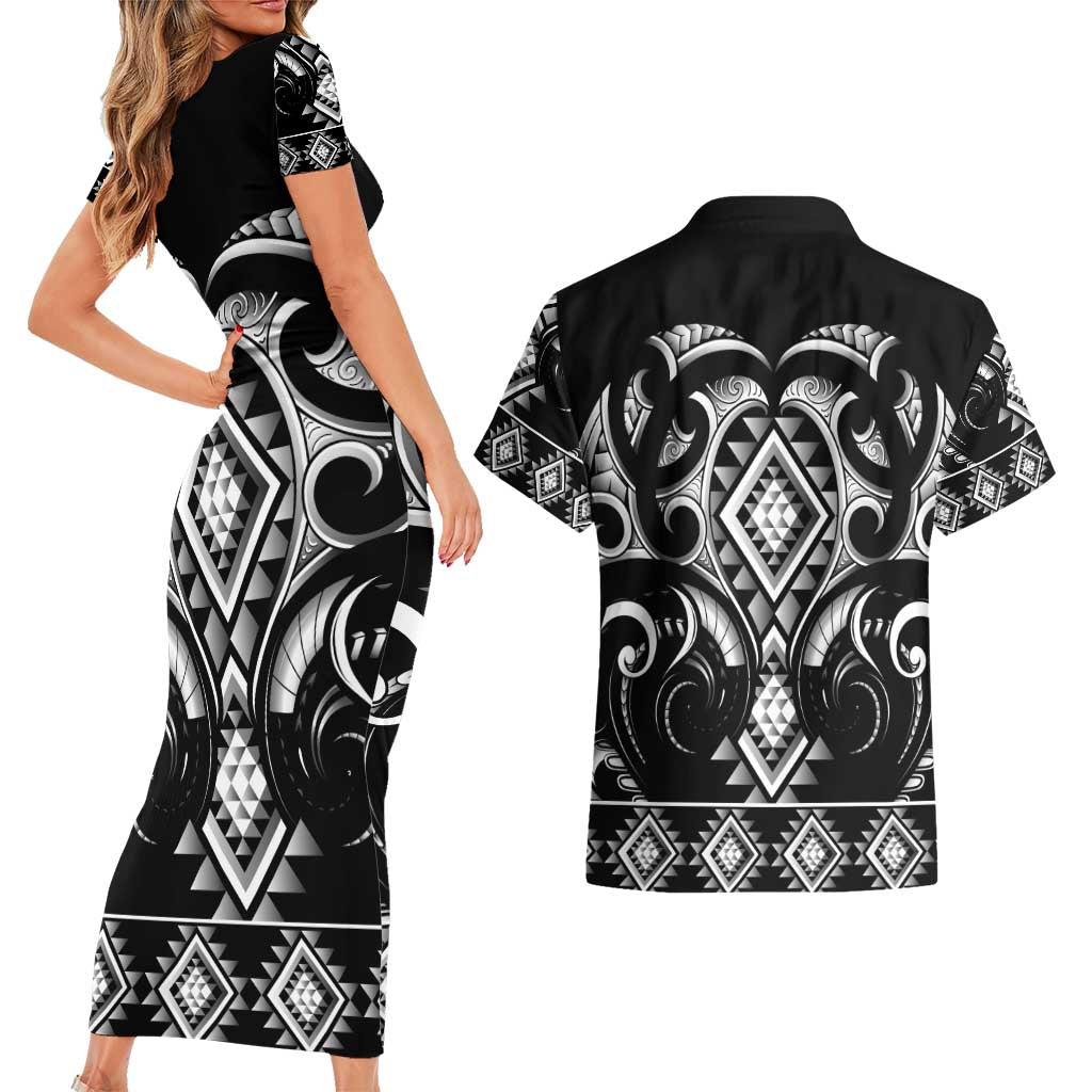 Black Ngaru Taniko With Aotearoa Maori Tattoo Couples Matching Short Sleeve Bodycon Dress and Hawaiian Shirt