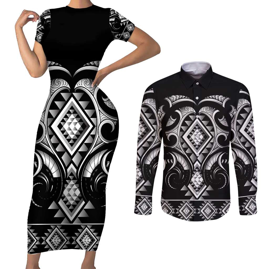 Black Ngaru Taniko With Aotearoa Maori Tattoo Couples Matching Short Sleeve Bodycon Dress and Long Sleeve Button Shirt LT14 Black - Polynesian Pride