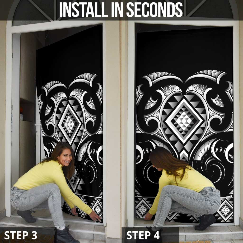 Black Ngaru Taniko With Aotearoa Maori Tattoo Door Cover - Polynesian Pride