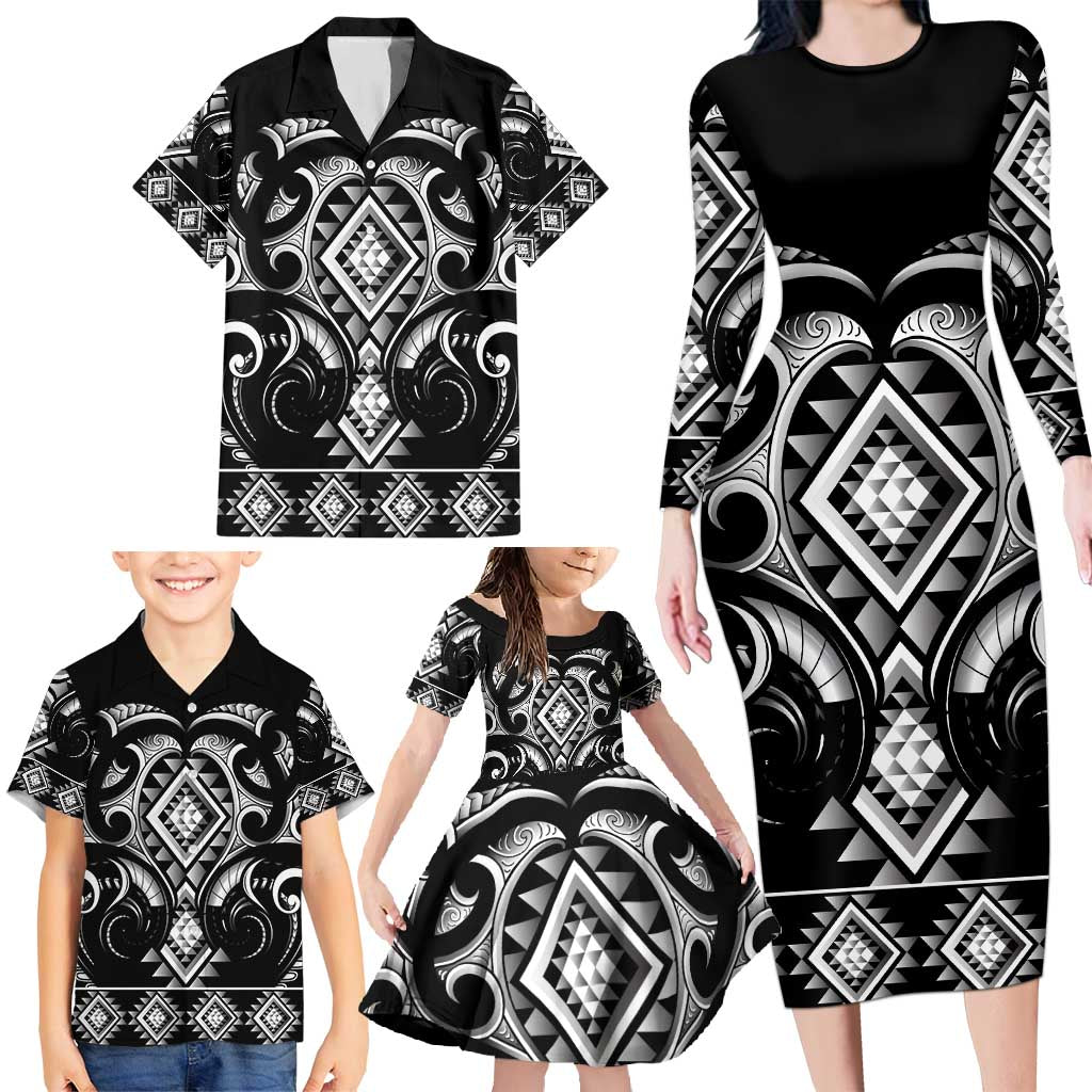 Black Ngaru Taniko With Aotearoa Maori Tattoo Family Matching Long Sleeve Bodycon Dress and Hawaiian Shirt