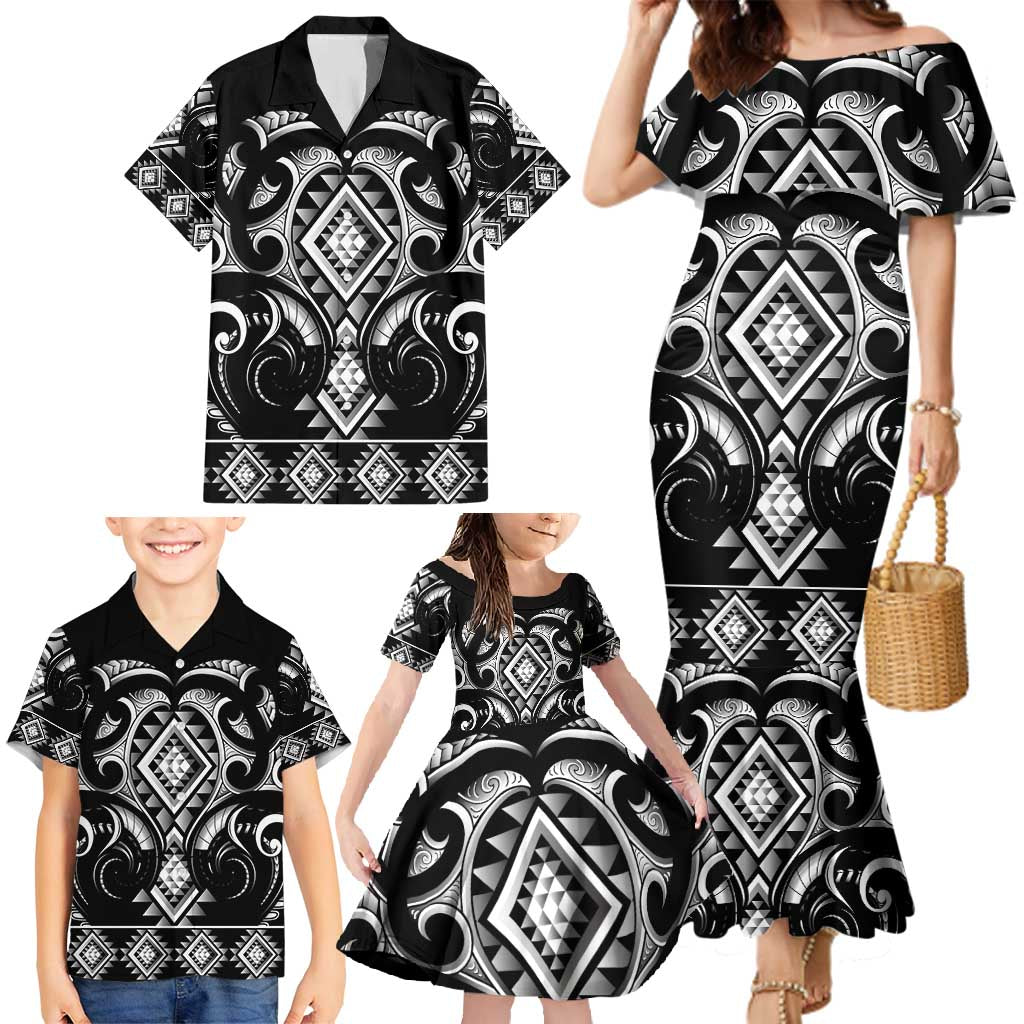 Black Ngaru Taniko With Aotearoa Maori Tattoo Family Matching Mermaid Dress and Hawaiian Shirt