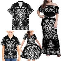 Black Ngaru Taniko With Aotearoa Maori Tattoo Family Matching Off Shoulder Maxi Dress and Hawaiian Shirt
