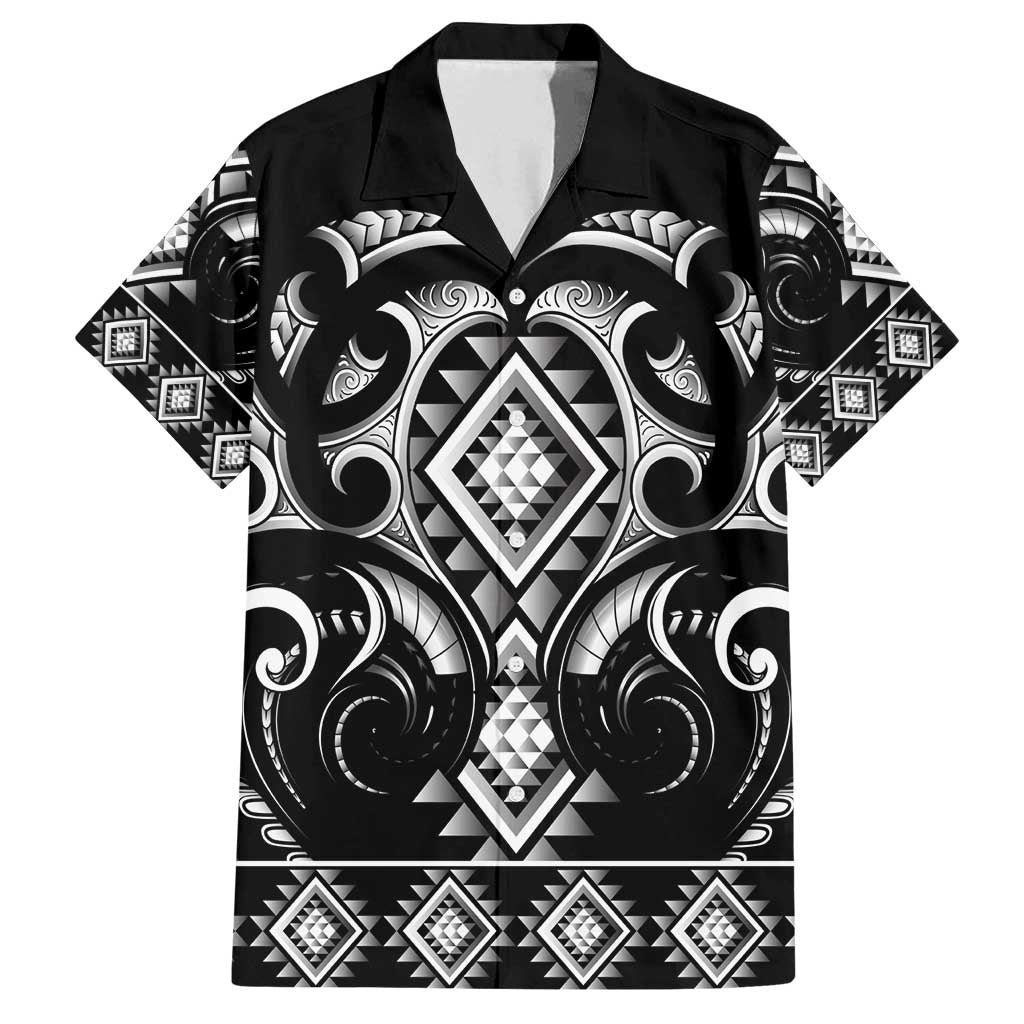 Black Ngaru Taniko With Aotearoa Maori Tattoo Family Matching Off Shoulder Maxi Dress and Hawaiian Shirt