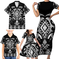 Black Ngaru Taniko With Aotearoa Maori Tattoo Family Matching Short Sleeve Bodycon Dress and Hawaiian Shirt