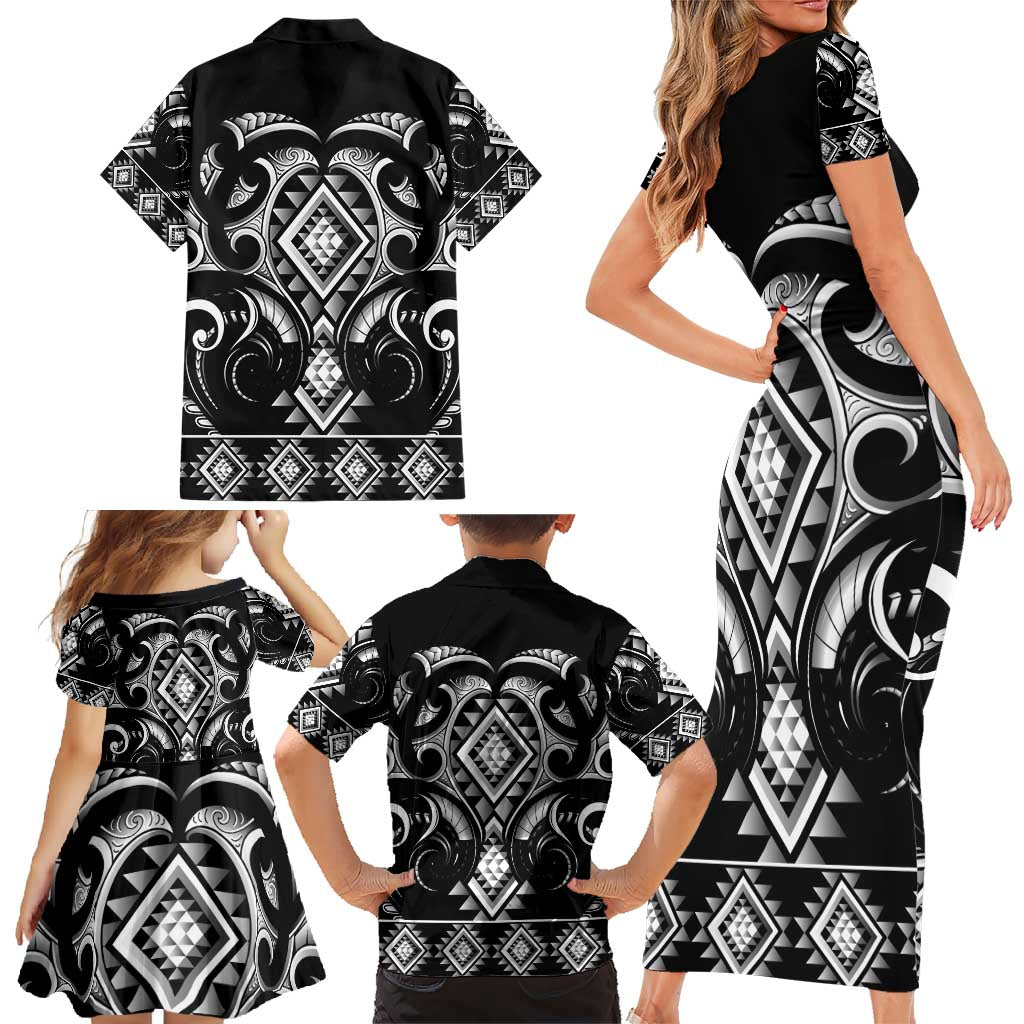 Black Ngaru Taniko With Aotearoa Maori Tattoo Family Matching Short Sleeve Bodycon Dress and Hawaiian Shirt