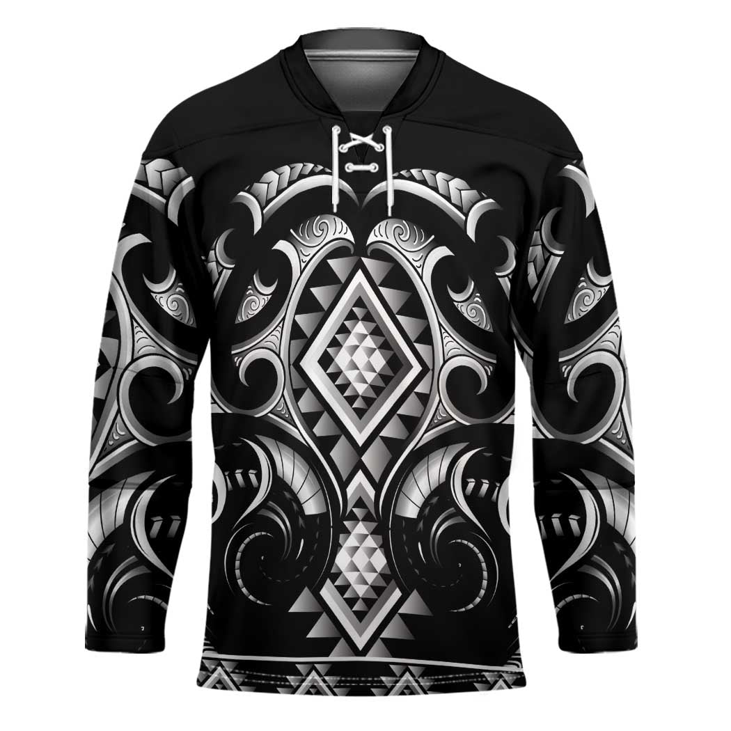 Black Ngaru Taniko With Aotearoa Maori Tattoo Hockey Jersey - Polynesian Pride