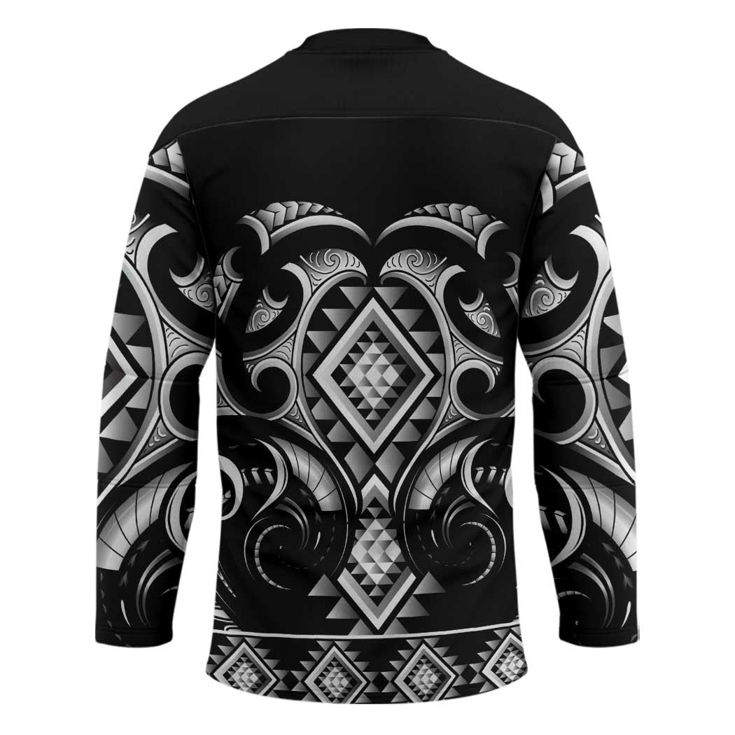 Black Ngaru Taniko With Aotearoa Maori Tattoo Hockey Jersey - Polynesian Pride