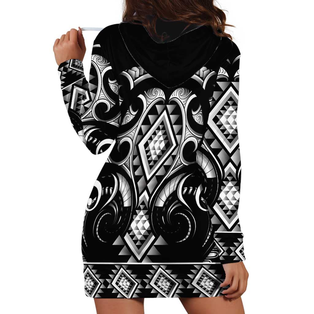 Black Ngaru Taniko With Aotearoa Maori Tattoo Hoodie Dress