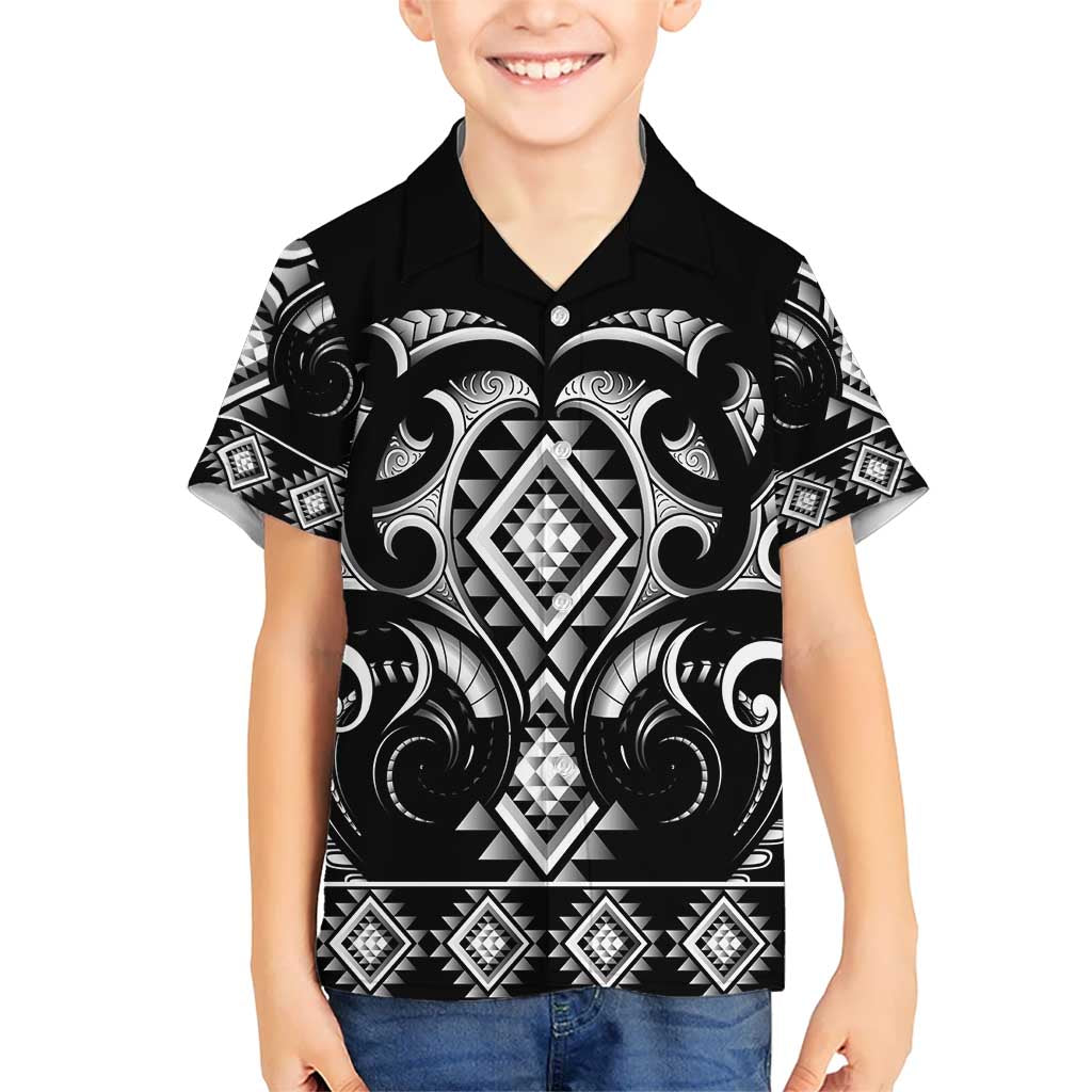 Black Ngaru Taniko With Aotearoa Maori Tattoo Kid Hawaiian Shirt
