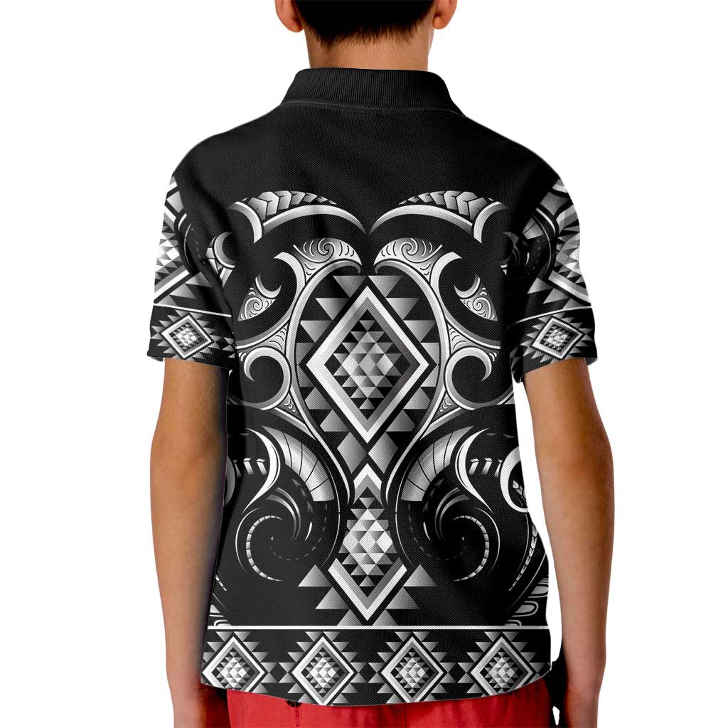 Black Ngaru Taniko With Aotearoa Maori Tattoo Kid Polo Shirt