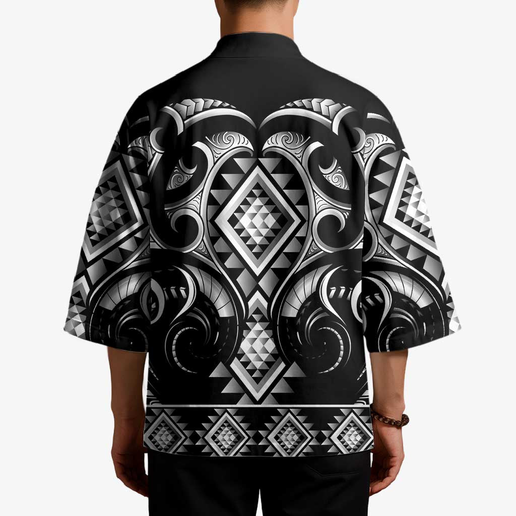 Black Ngaru Taniko With Aotearoa Maori Tattoo Kimono - Polynesian Pride