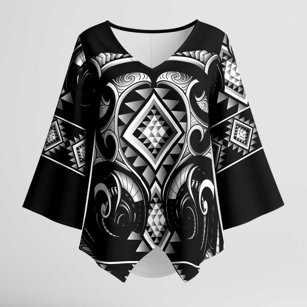 Black Ngaru Taniko With Aotearoa Maori Tattoo Kimono Sleeve Blouse - Polynesian Pride