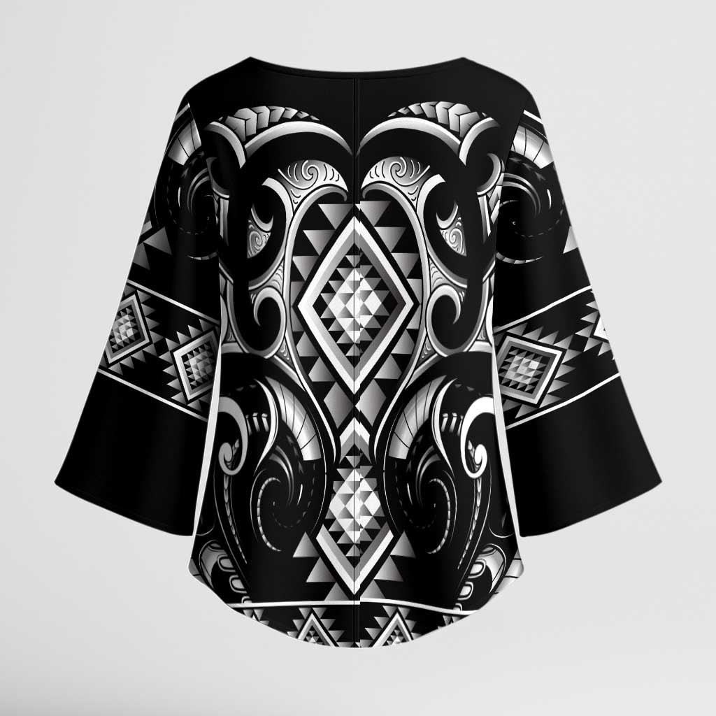 Black Ngaru Taniko With Aotearoa Maori Tattoo Kimono Sleeve Blouse - Polynesian Pride