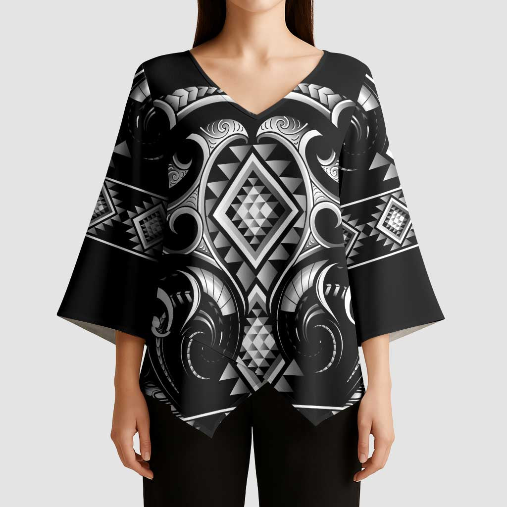 Black Ngaru Taniko With Aotearoa Maori Tattoo Kimono Sleeve Blouse - Polynesian Pride