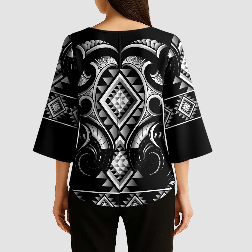 Black Ngaru Taniko With Aotearoa Maori Tattoo Kimono Sleeve Blouse - Polynesian Pride