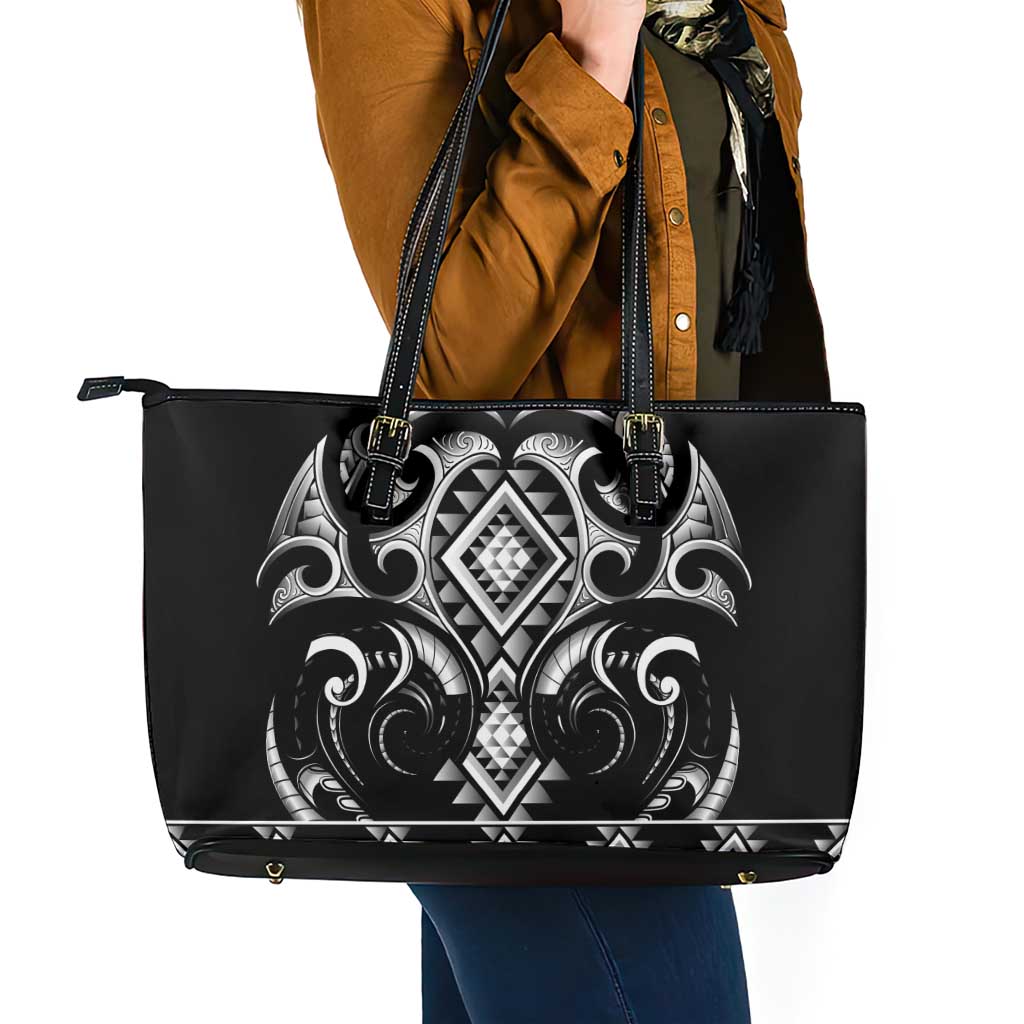Black Ngaru Taniko With Aotearoa Maori Tattoo Leather Tote Bag