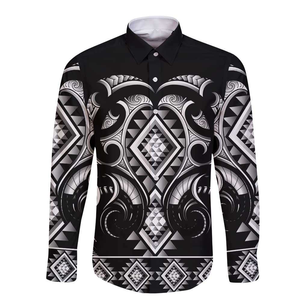 Black Ngaru Taniko With Aotearoa Maori Tattoo Long Sleeve Button Shirt LT14 Unisex Black - Polynesian Pride