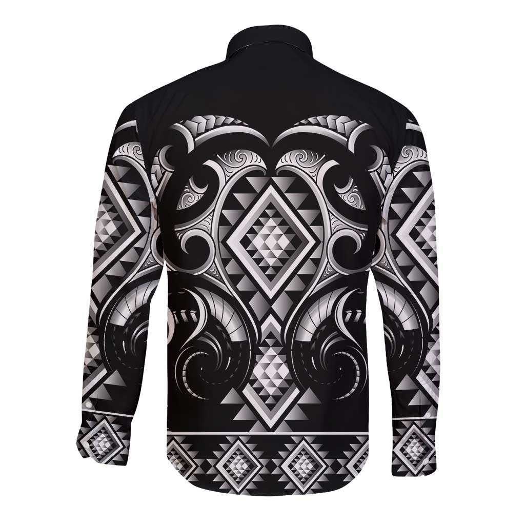 Black Ngaru Taniko With Aotearoa Maori Tattoo Long Sleeve Button Shirt LT14 - Polynesian Pride