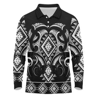 Black Ngaru Taniko With Aotearoa Maori Tattoo Long Sleeve Polo Shirt