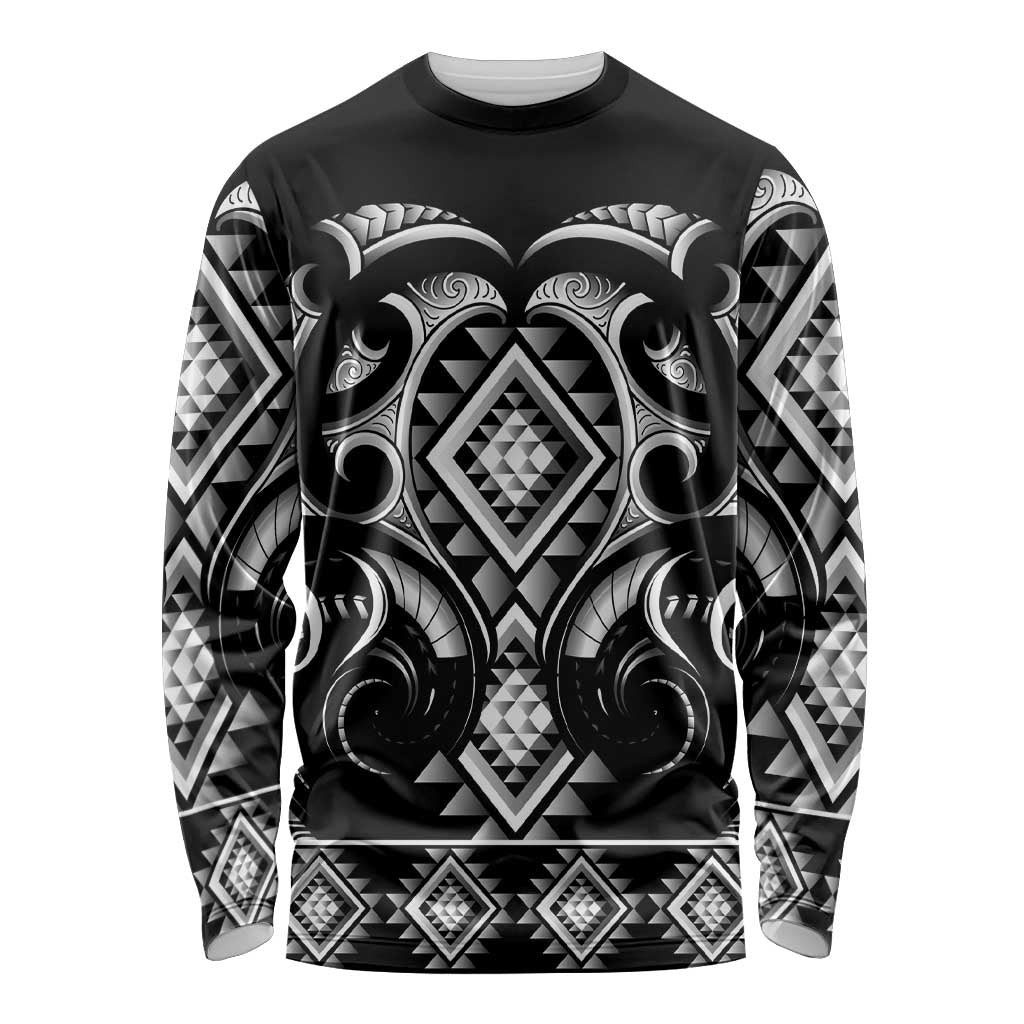 Black Ngaru Taniko With Aotearoa Maori Tattoo Long Sleeve Shirt LT14 Unisex Black - Polynesian Pride