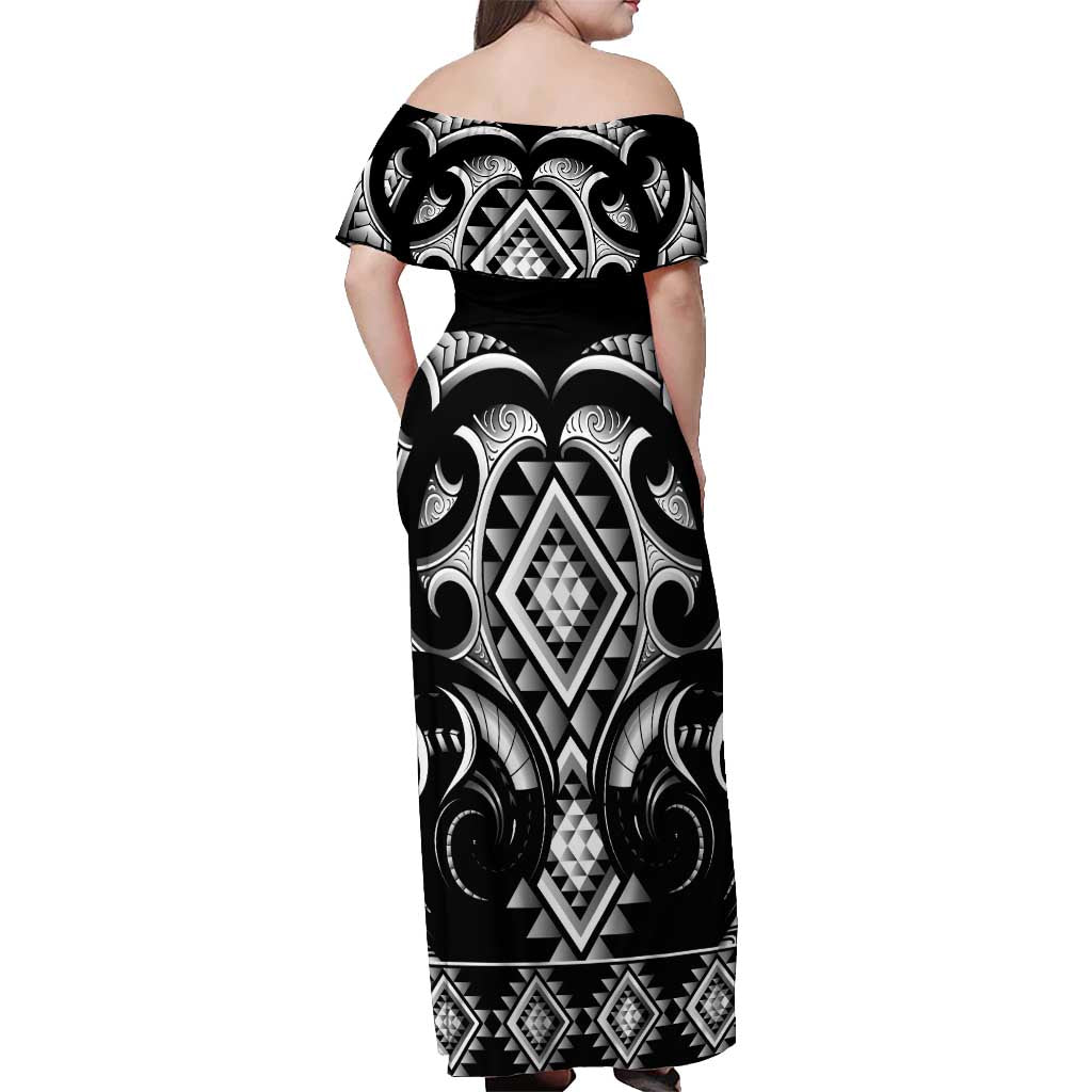 Black Ngaru Taniko With Aotearoa Maori Tattoo Off Shoulder Maxi Dress