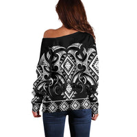 Black Ngaru Taniko With Aotearoa Maori Tattoo Off Shoulder Sweater