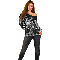 Black Ngaru Taniko With Aotearoa Maori Tattoo Off Shoulder Sweater