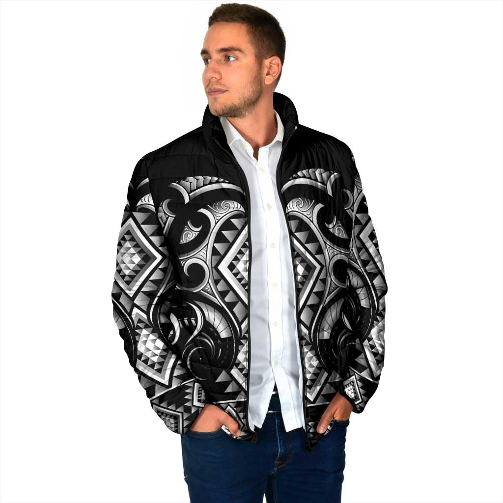 Black Ngaru Taniko With Aotearoa Maori Tattoo Padded Jacket - Polynesian Pride