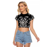 Black Ngaru Taniko With Aotearoa Maori Tattoo Raglan Cropped T Shirt LT14 Female Black - Polynesian Pride