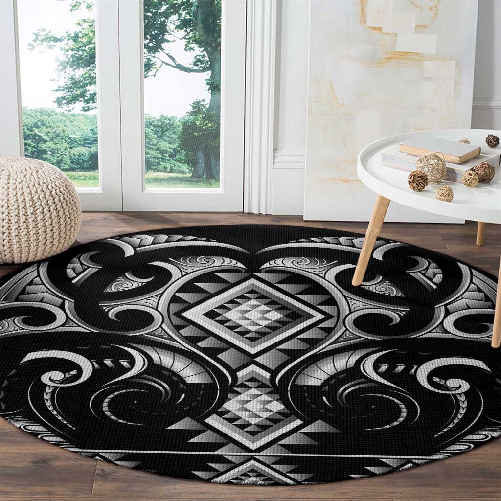 Black Ngaru Taniko With Aotearoa Maori Tattoo Round Carpet