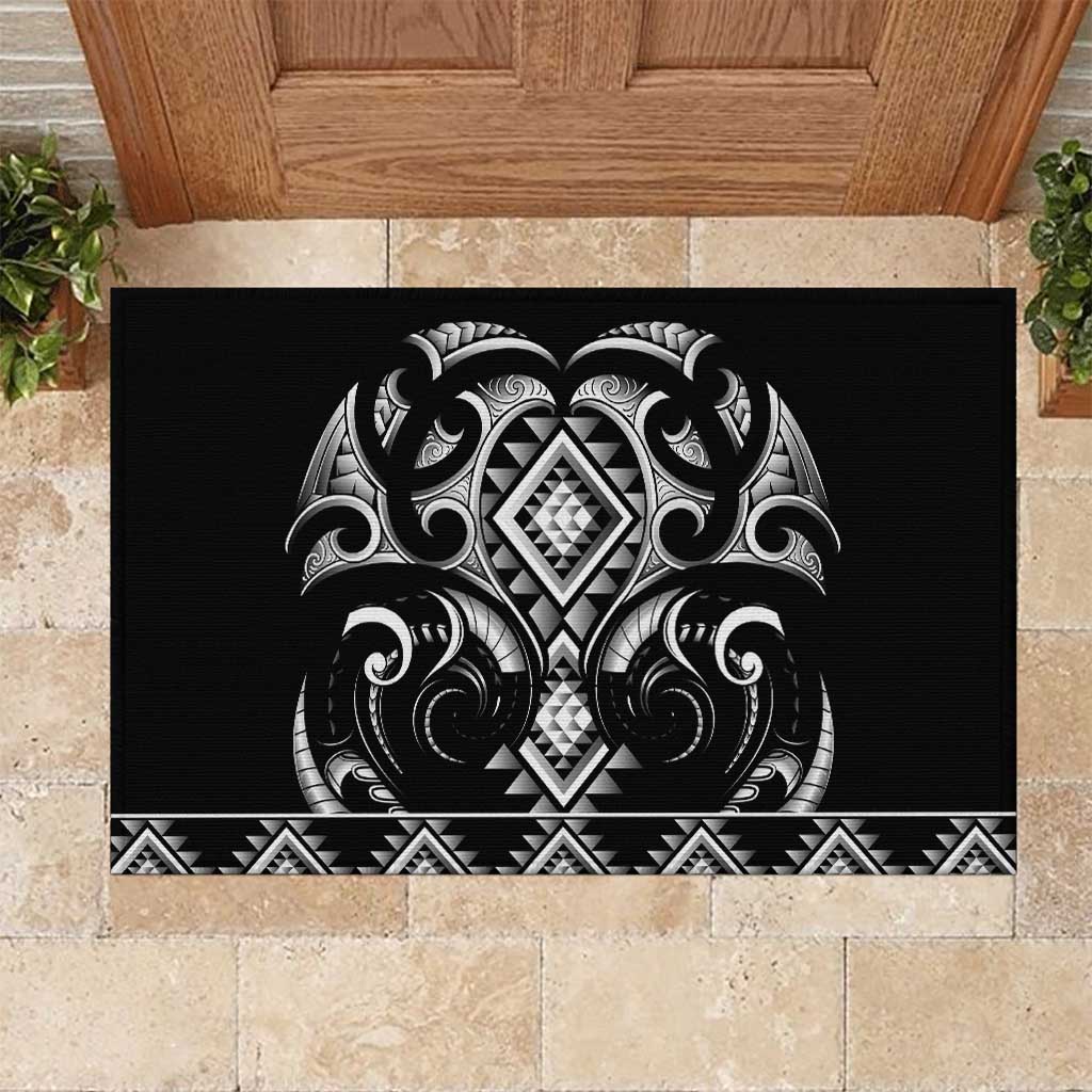 Black Ngaru Taniko With Aotearoa Maori Tattoo Rubber Doormat LT14 Black - Polynesian Pride