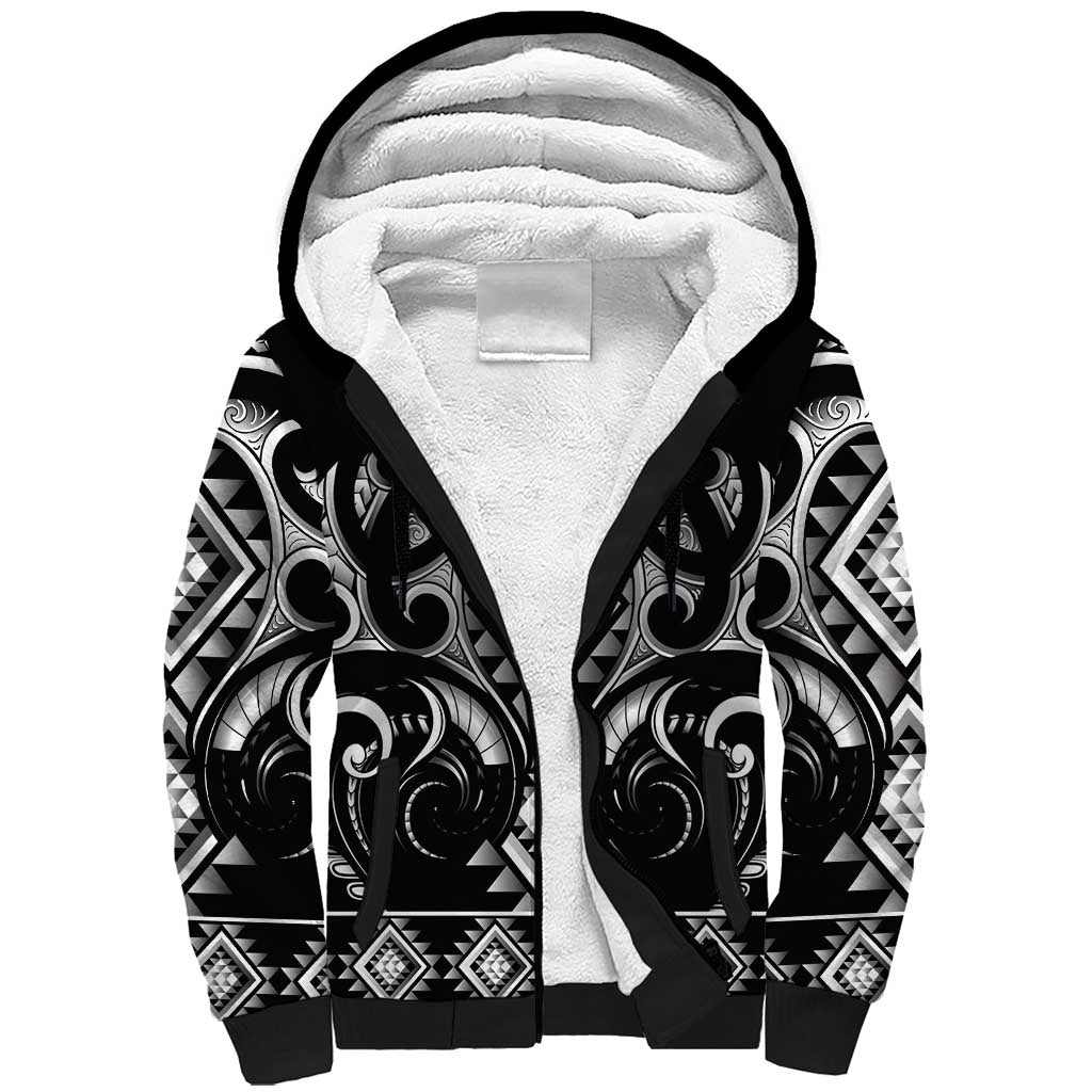 Black Ngaru Taniko With Aotearoa Maori Tattoo Sherpa Hoodie LT14 Unisex Black - Polynesian Pride