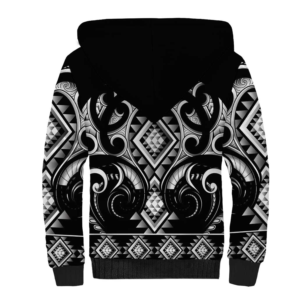 Black Ngaru Taniko With Aotearoa Maori Tattoo Sherpa Hoodie LT14 - Polynesian Pride