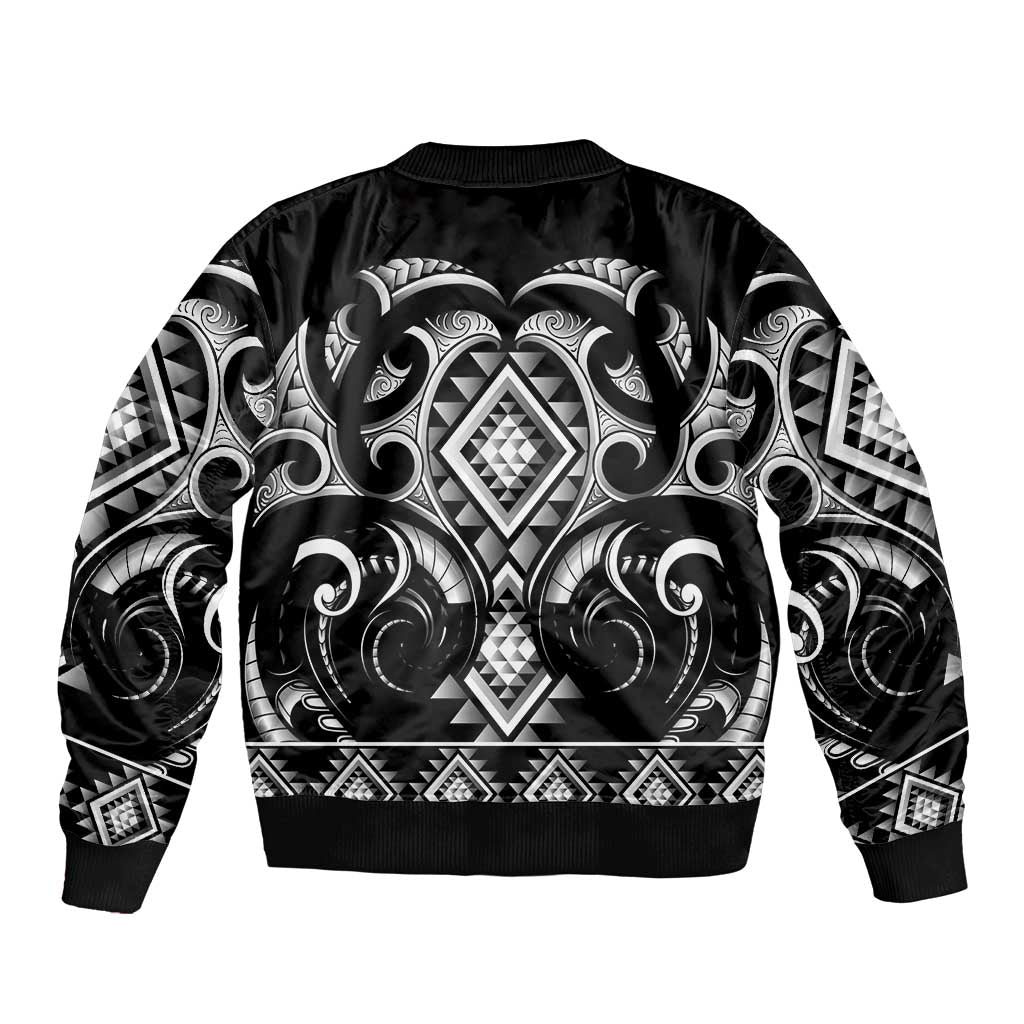 Black Ngaru Taniko With Aotearoa Maori Tattoo Sleeve Zip Bomber Jacket