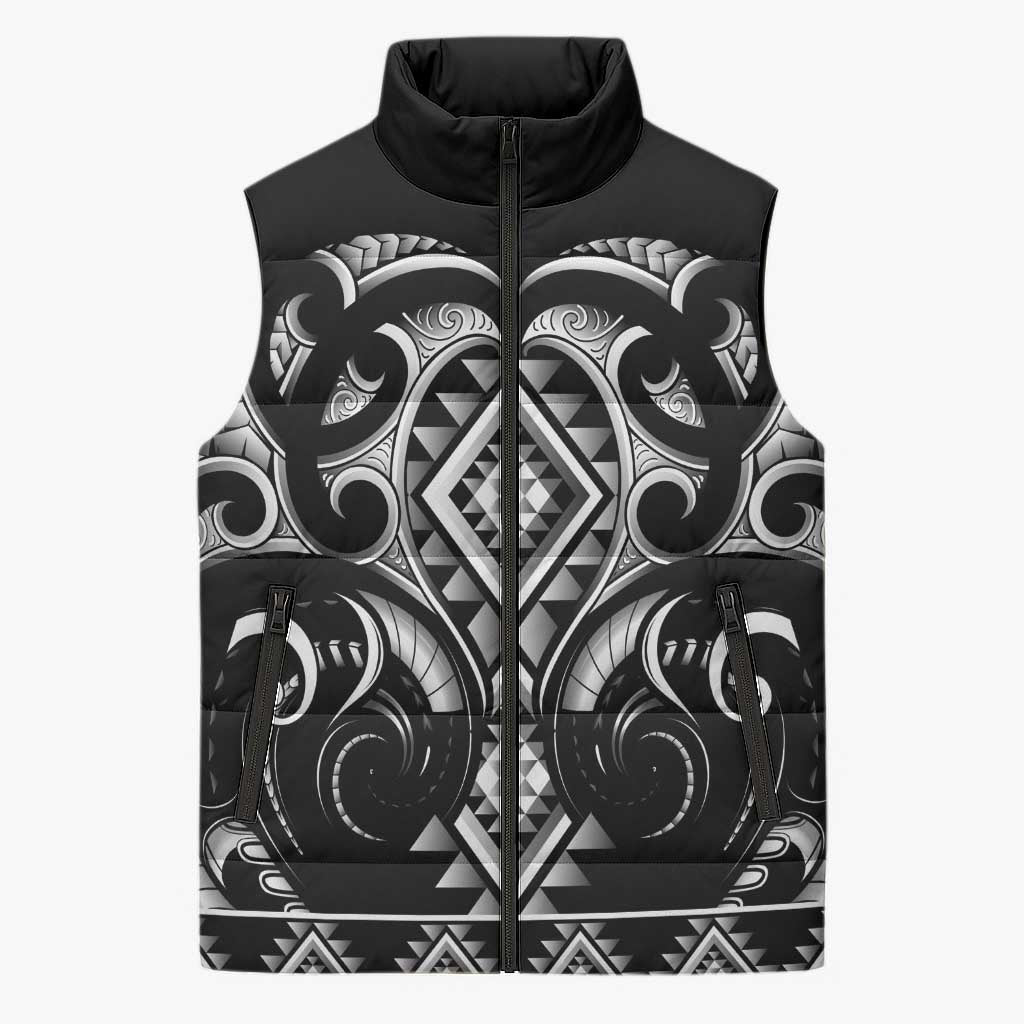 Black Ngaru Taniko With Aotearoa Maori Tattoo Sleeveless Puffer Jacket - Polynesian Pride
