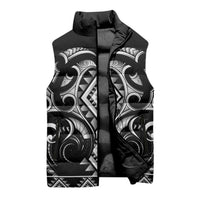 Black Ngaru Taniko With Aotearoa Maori Tattoo Sleeveless Puffer Jacket - Polynesian Pride