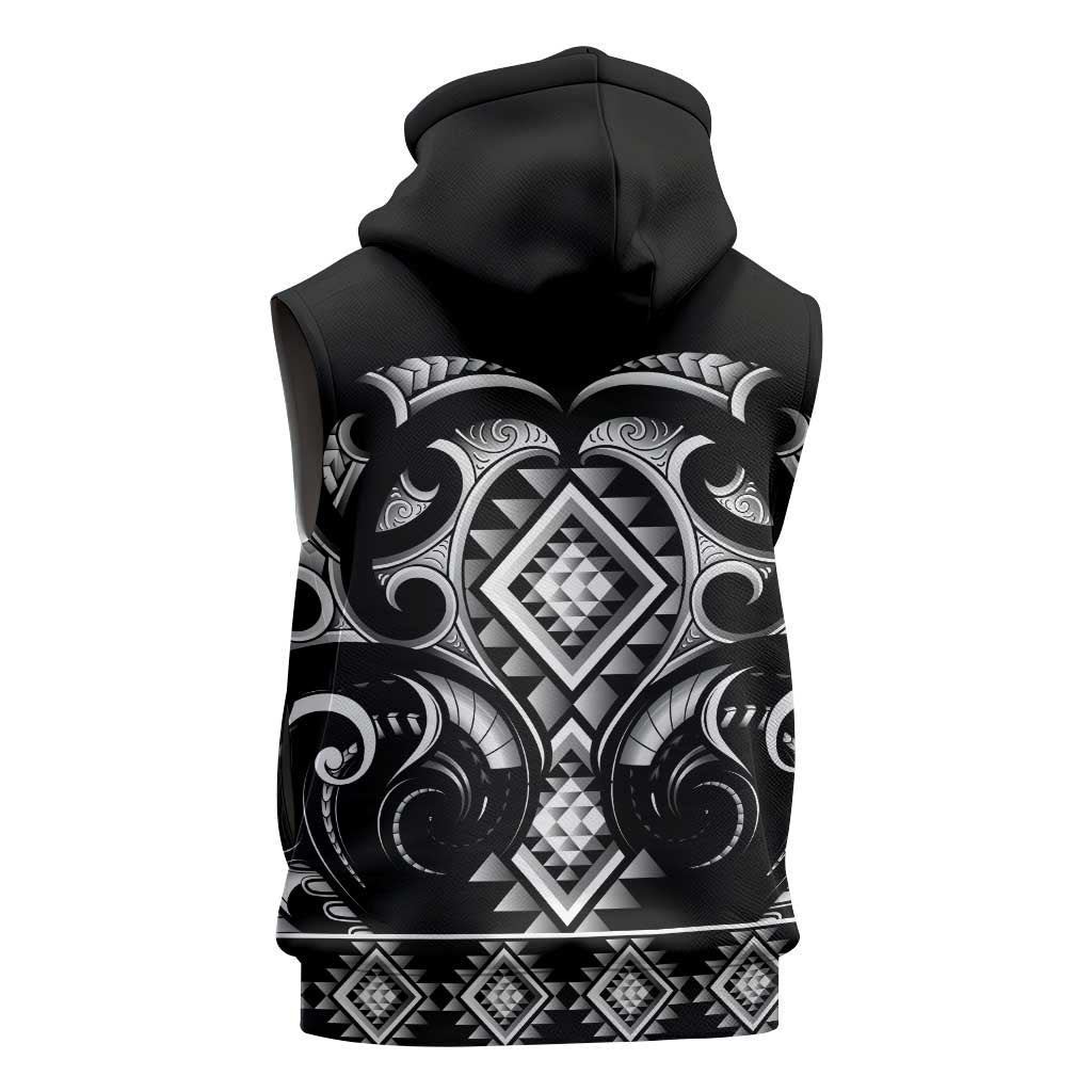Black Ngaru Taniko With Aotearoa Maori Tattoo Sleeveless Zip Hoodie - Polynesian Pride