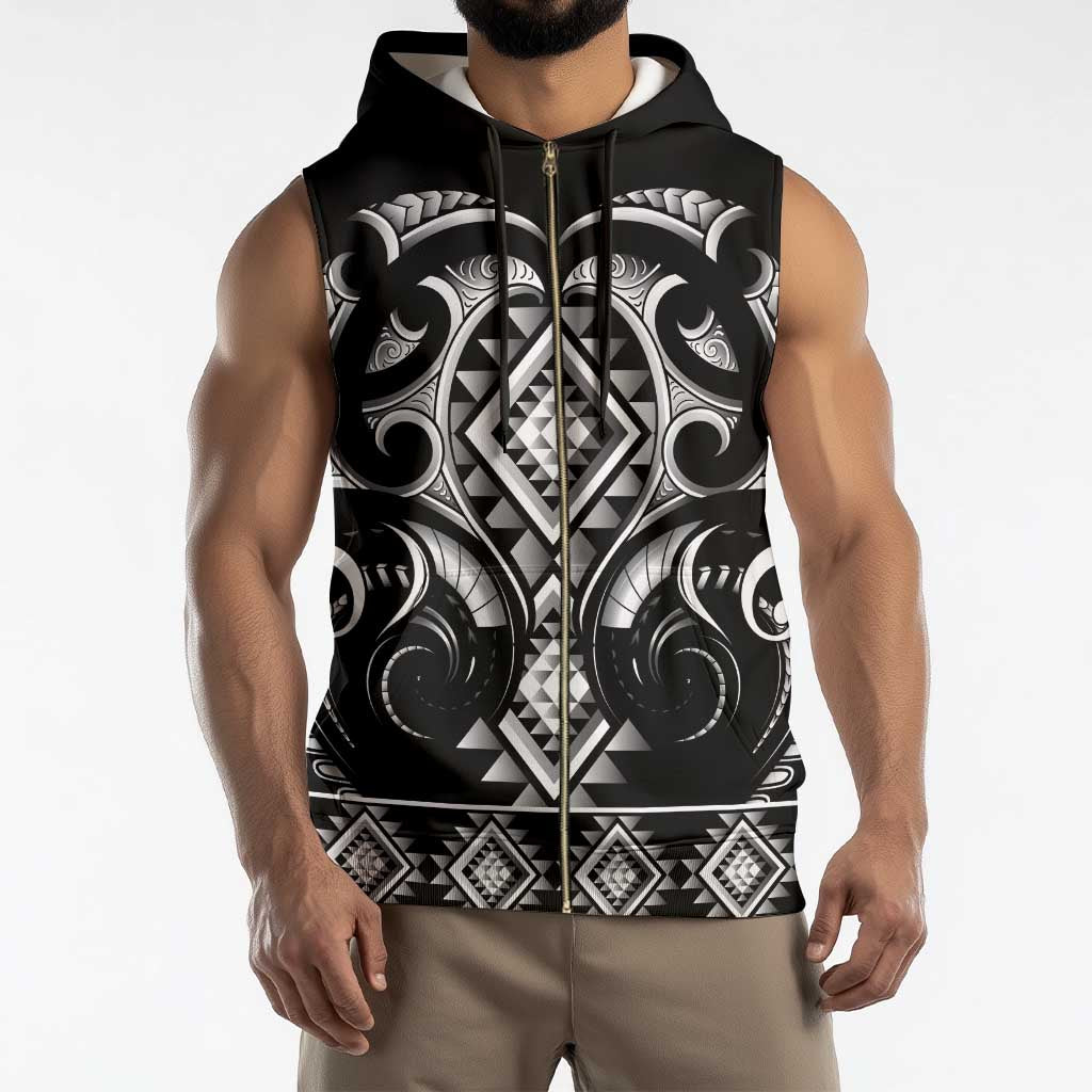 Black Ngaru Taniko With Aotearoa Maori Tattoo Sleeveless Zip Hoodie - Polynesian Pride