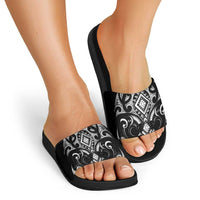 Black Ngaru Taniko With Aotearoa Maori Tattoo Slide Sandals - Polynesian Pride