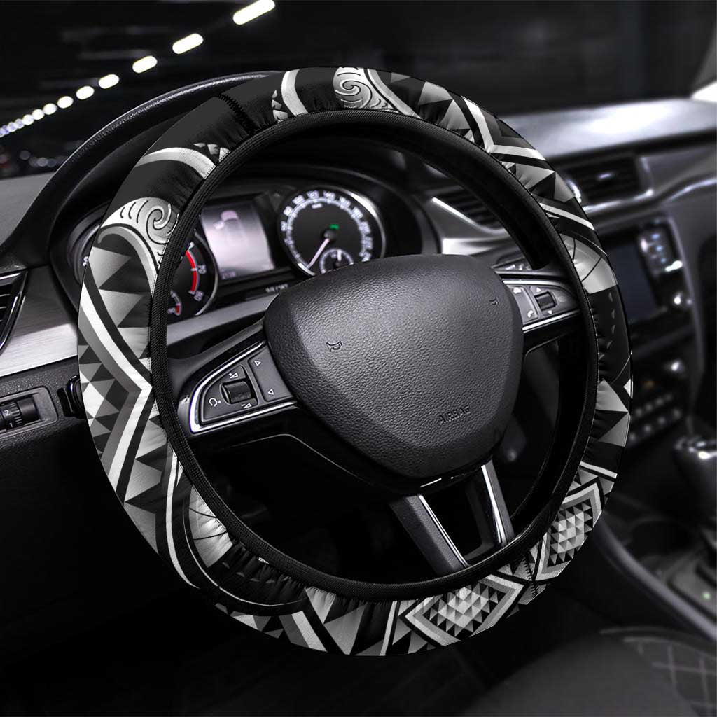 Black Ngaru Taniko With Aotearoa Maori Tattoo Steering Wheel Cover LT14 Universal Fit Black - Polynesian Pride