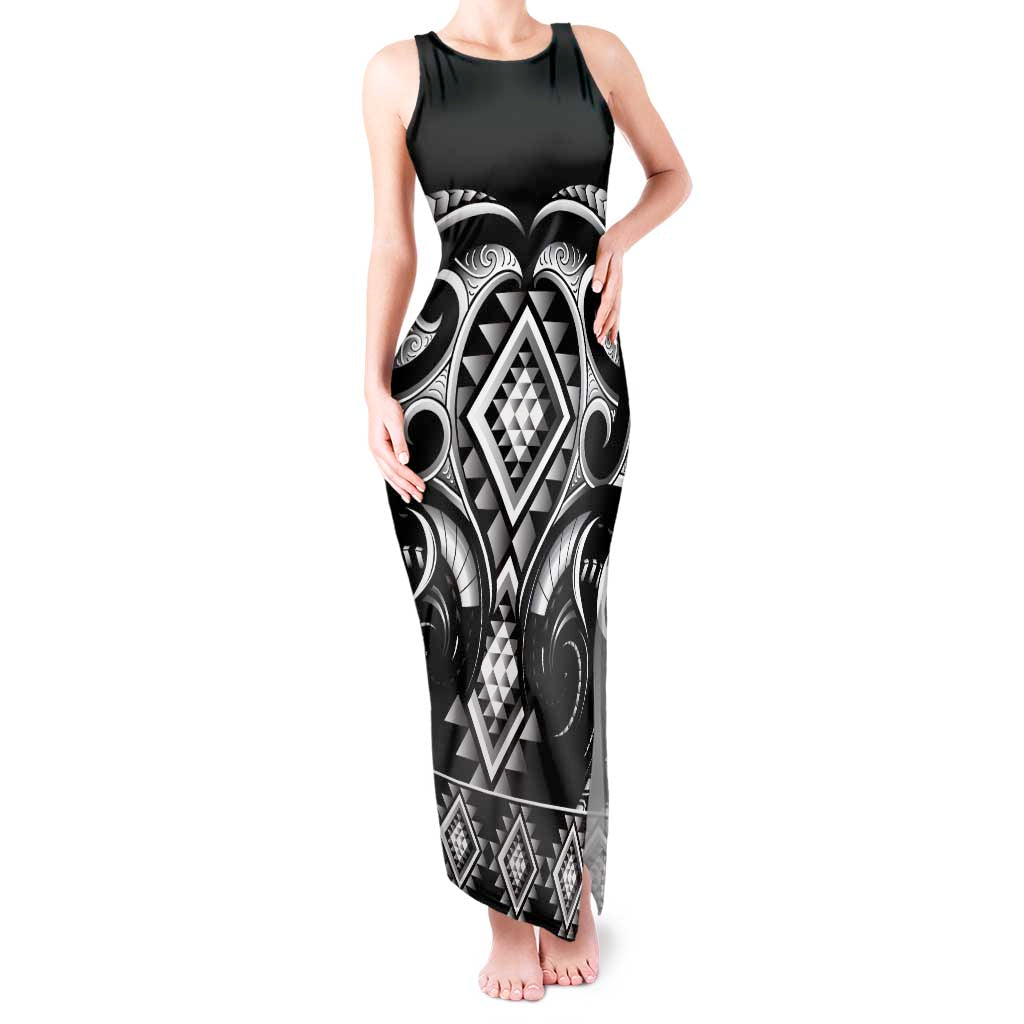 Black Ngaru Taniko With Aotearoa Maori Tattoo Tank Maxi Dress