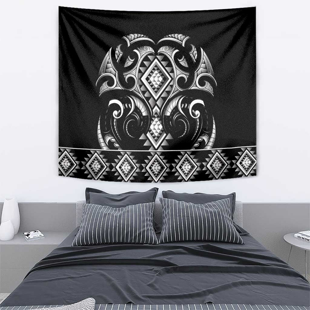 Black Ngaru Taniko With Aotearoa Maori Tattoo Tapestry