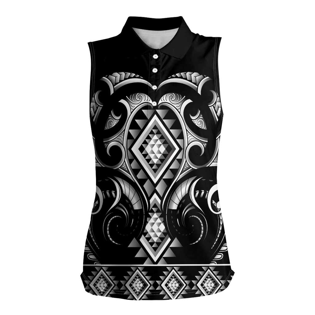 Black Ngaru Taniko With Aotearoa Maori Tattoo Women Sleeveless Polo Shirt